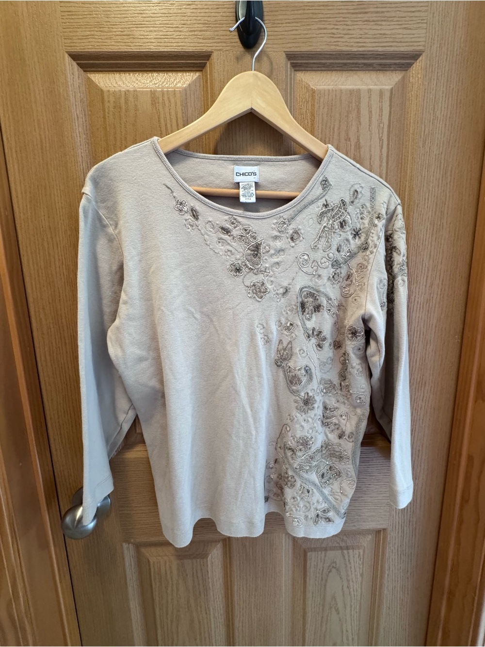 Chico's Beige/Tan Embroidered Long-Sleeve Top